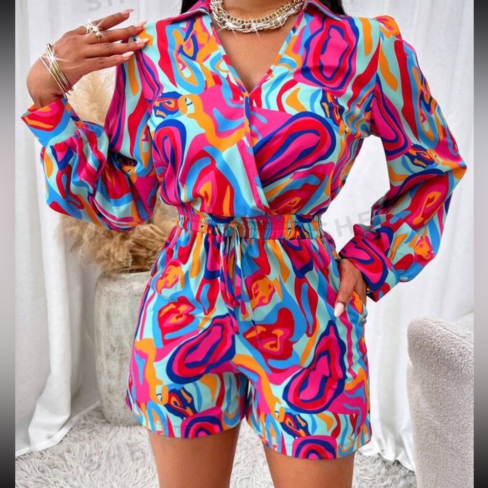 SHEIN~Slayr Allover Print Knot Front Shirt Romper~XL